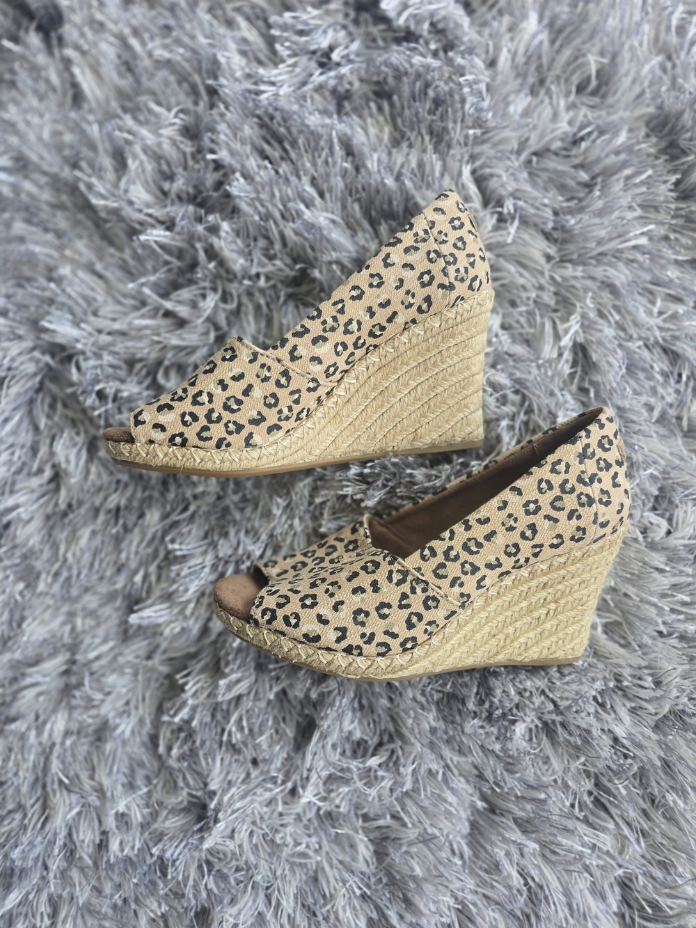 Toms Michelle Leopard Espadrille Wedge Peep-Toe - Beige/Black